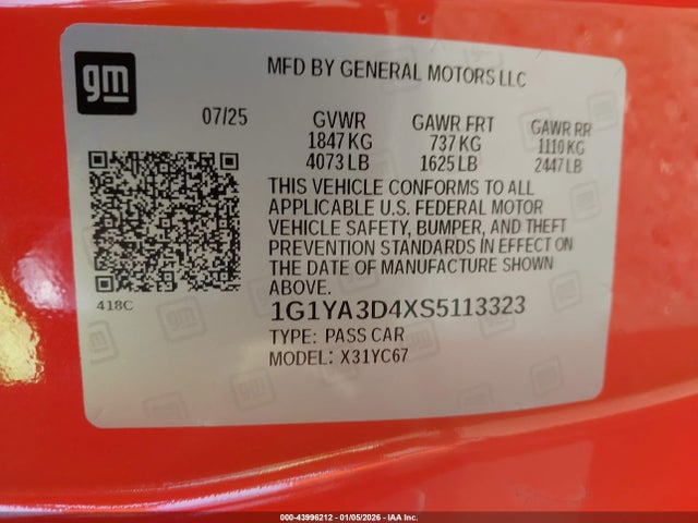 1G1YA3D4XS5113323 Chevrolet Corvette Stingray Rwd 1lt