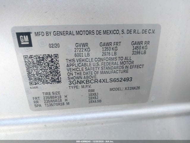 Продажа на аукционе авто 2020 Chevrolet Blazer Fwd 2lt, vin: 3GNKBCR4XLS652493, номер лота: 43996245