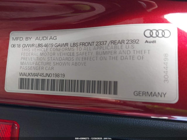 2018 Audi A4 2.0t Tech Ultra Premium/2.0t Ultra Premium მანქანა იყიდება აუქციონზე, vin: WAUKMAF45JN019819, აუქციონის ნომერი: 43996273