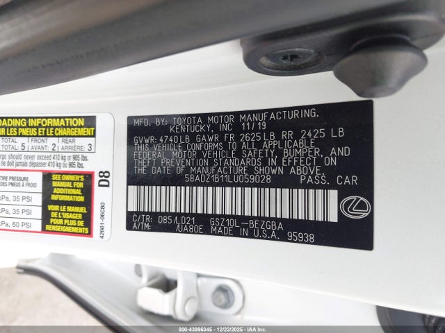 43996345 :رقم المزاد ، 58ADZ1B11LU059028 vin ، 2020 Lexus Es 350 مزاد بيع