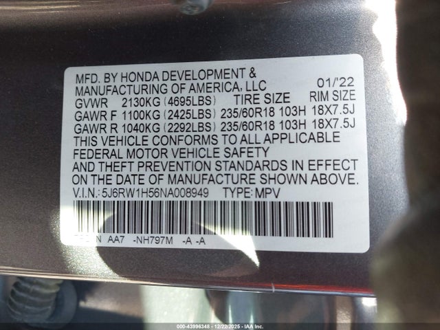 5J6RW1H56NA008949 Honda Cr-v 2wd Ex