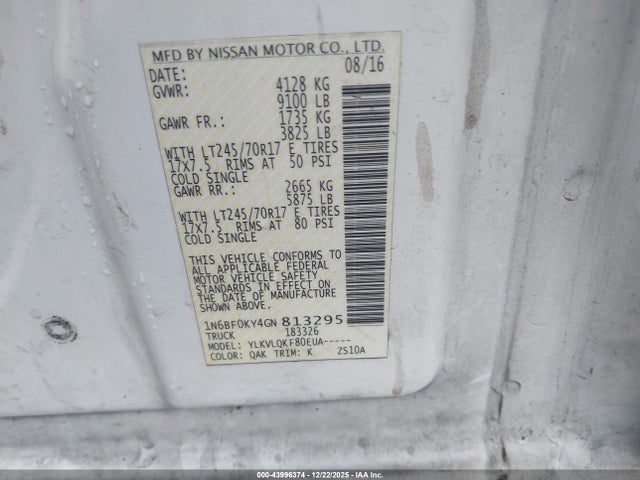 1N6BF0KY4GN813295 Nissan Nv Cargo Nv2500 Hd S V6