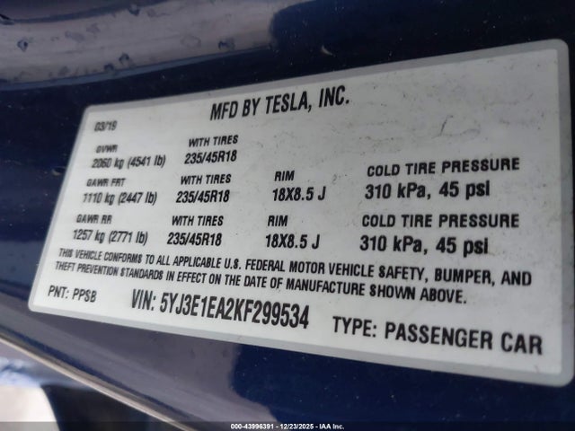 43996391 :رقم المزاد ، 5YJ3E1EA2KF299534 vin ، 2019 Tesla Model 3 Long Range/mid Range/standard Range/standard Range Plus مزاد بيع