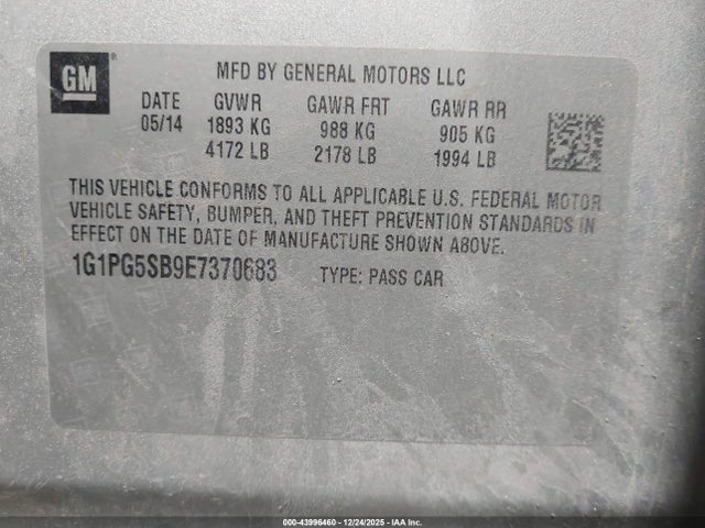 Продажа на аукционе авто 2014 Chevrolet Cruze Ltz, vin: 1G1PG5SB9E7370683, номер лота: 43996460