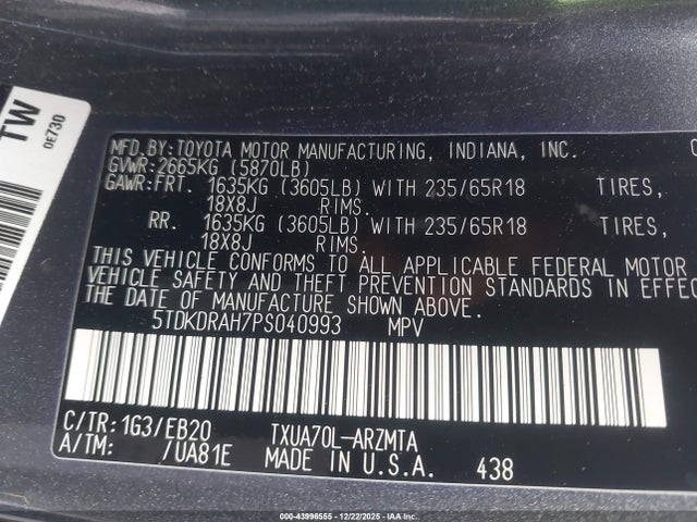 5TDKDRAH7PS040993 Toyota Highlander Xle
