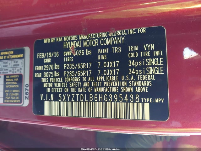 Продажа на аукционе авто 2017 Hyundai Santa Fe Sport 2.4l, vin: 5XYZTDLB6HG395438, номер лота: 43996597