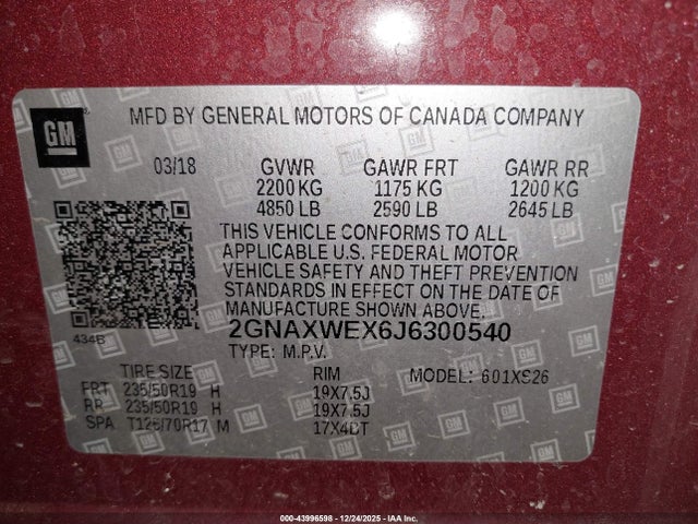 Aukcja sprzedaży 2018 Chevrolet Equinox Premier, vin: 2GNAXWEX6J6300540, numer aukcji: 43996598
