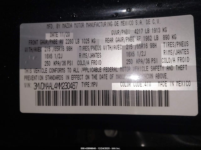 43996646 :رقم المزاد ، 3MVDMAAL4MM230467 vin ، 2021 Mazda Cx-30 2.5 S مزاد بيع