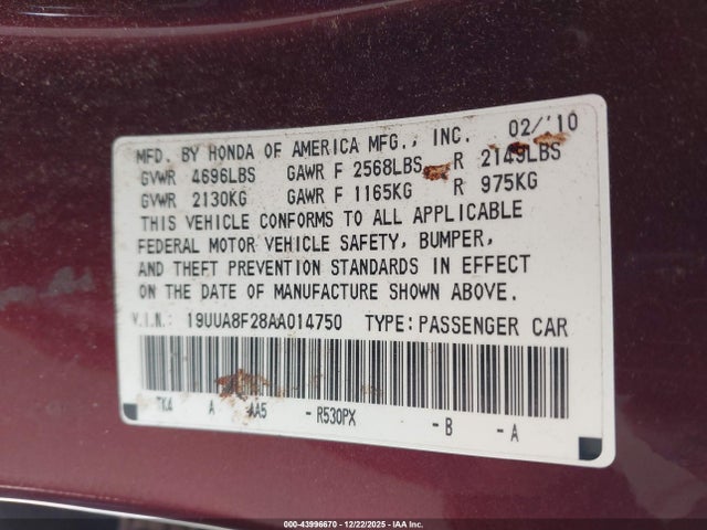 43996670 :رقم المزاد ، 19UUA8F28AA014750 vin ، 2010 Acura Tl 3.5 مزاد بيع