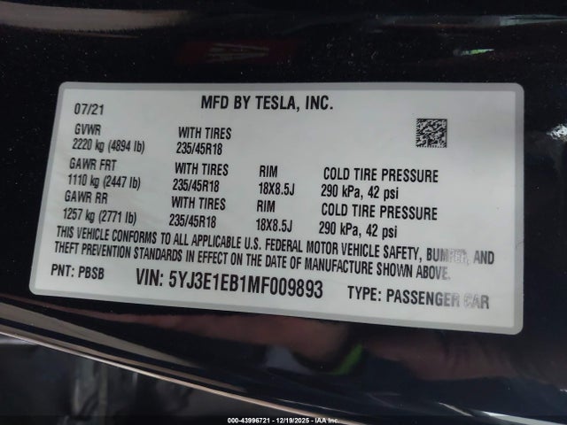 5YJ3E1EB1MF009893 Tesla Model 3 Long Range Dual Motor All-wheel Drive