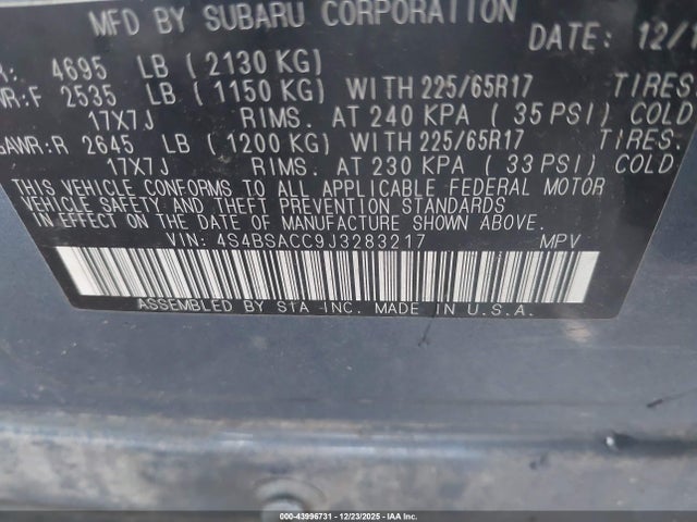 43996731 :رقم المزاد ، 4S4BSACC9J3283217 vin ، 2018 Subaru Outback 2.5i Premium مزاد بيع