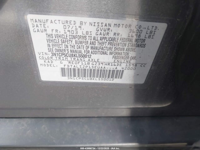 3N1CP5CU8KL550012 Nissan KICKS SV