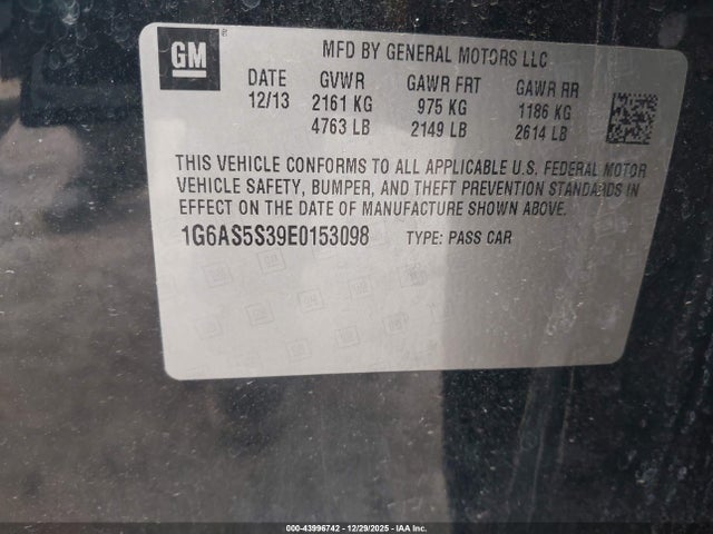 43996742 :رقم المزاد ، 1G6AS5S39E0153098 vin ، 2014 Cadillac Cts Performance مزاد بيع