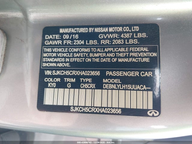 2017 Infiniti Qx30 Premium მანქანა იყიდება აუქციონზე, vin: SJKCH5CRXHA023656, აუქციონის ნომერი: 43996743