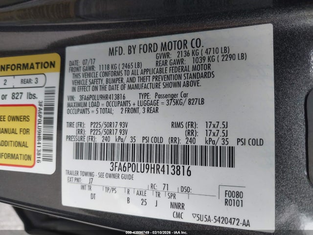 3FA6P0LU9HR413816 Ford Fusion Hybrid Se