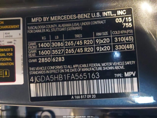 Mercedes-Benz Ml 350 4matic 2015 4JGDA5HB1FA565163 Image 9