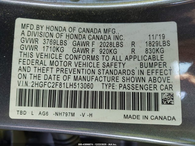 Продаж на аукціоні авто 2020 Honda Civic Sport, vin: 2HGFC2F81LH513060, номер лоту: 43996874