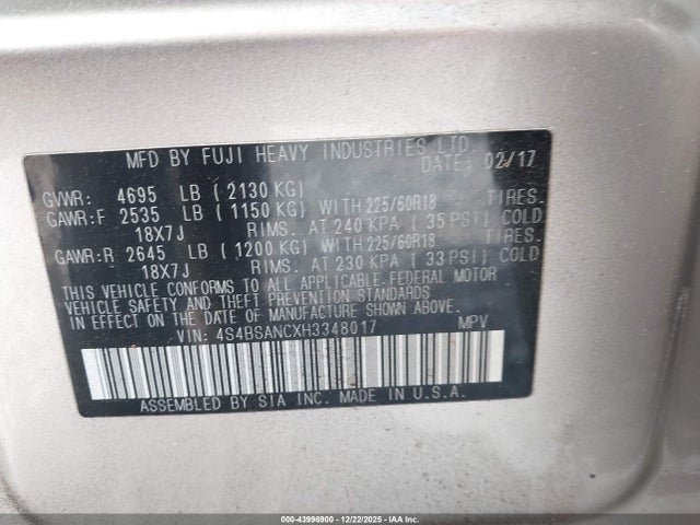 43996900 :رقم المزاد ، 4S4BSANCXH3348017 vin ، 2017 Subaru Outback 2.5i Limited مزاد بيع