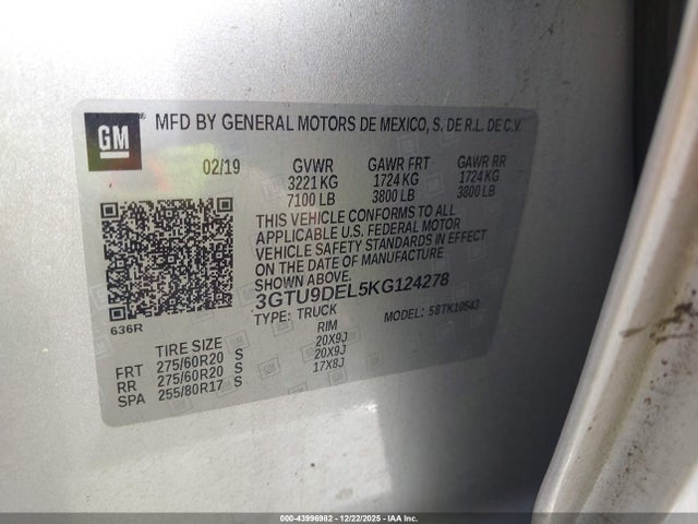 43996982 :رقم المزاد ، 3GTU9DEL5KG124278 vin ، 2019 Gmc Sierra 1500 Slt مزاد بيع