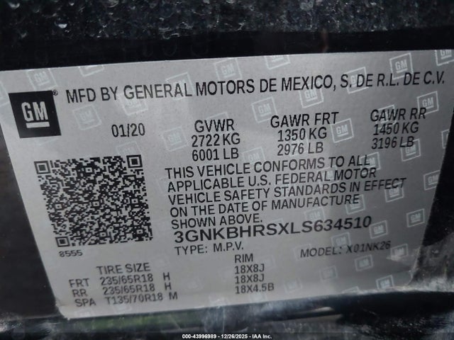 43996989 :رقم المزاد ، 3GNKBHRSXLS634510 vin ، 2020 Chevrolet Blazer Awd 2lt مزاد بيع