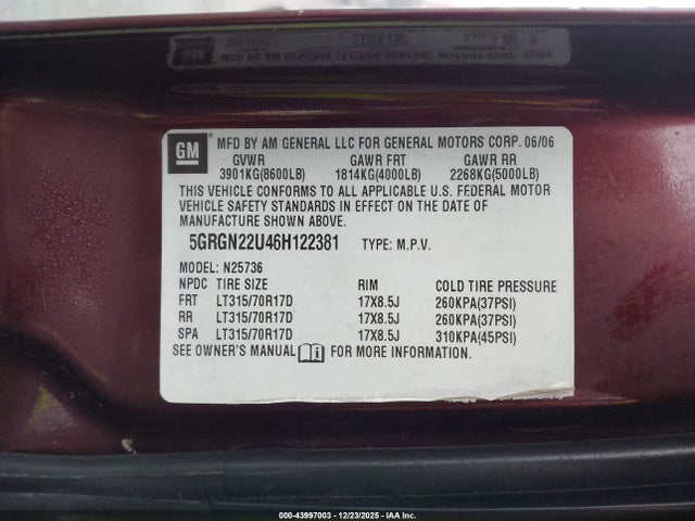 2006 HUMMER H2 SUT 5GRGN22U46H122381 Photo 8