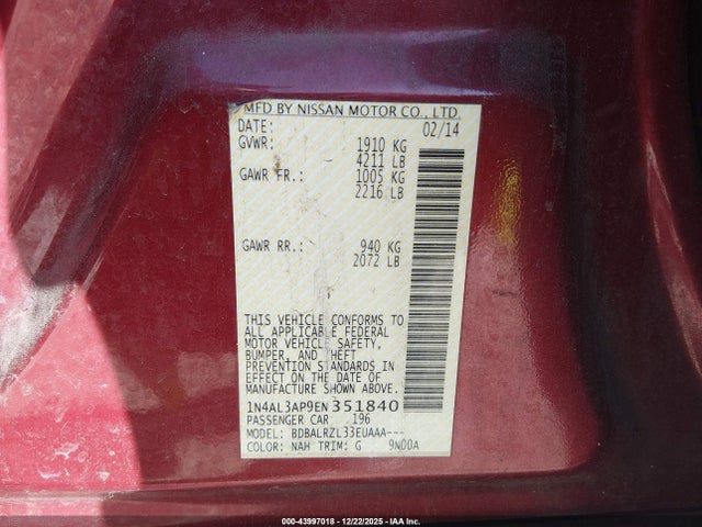 1N4AL3AP9EN351840 Nissan Altima 2.5/2.5 S/2.5 Sl/2.5 Sv