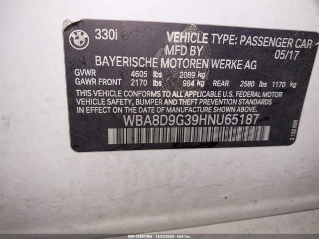 43997064 :رقم المزاد ، WBA8D9G39HNU65187 vin ، 2017 Bmw 330i Xdrive مزاد بيع