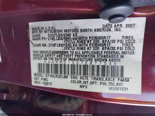 2007 MITSUBISHI ENDEAVOR 4A4MM31S27E077546 Photo 8