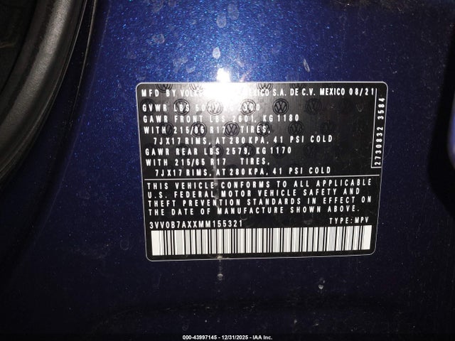 43997145 :رقم المزاد ، 3VV0B7AXXMM155321 vin ، 2021 Volkswagen Tiguan 2.0t S مزاد بيع