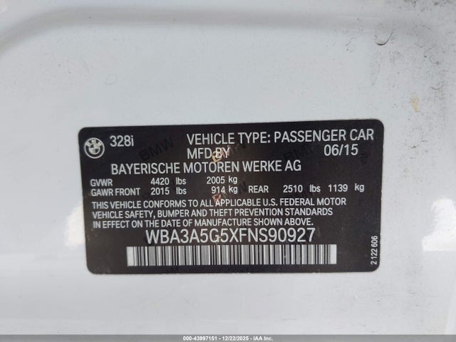 Aukcja sprzedaży 2015 Bmw 328i, vin: WBA3A5G5XFNS90927, numer aukcji: 43997151