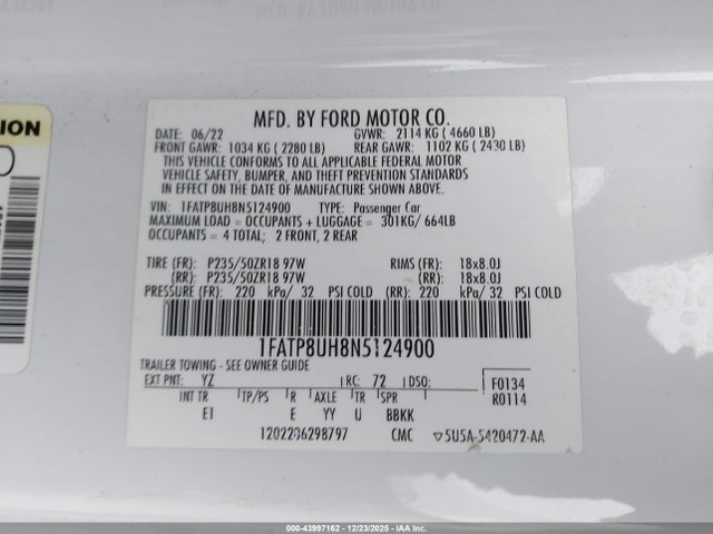 1FATP8UH8N5124900 Ford Mustang Ecoboost Premium