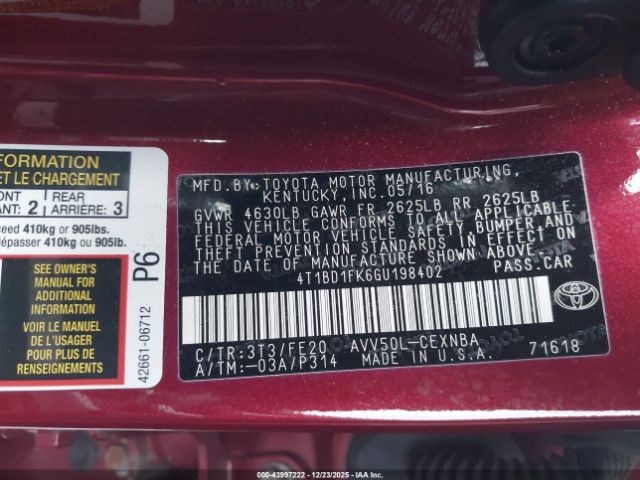 2016 TOYOTA CAMRY HYBRID 4T1BD1FK6GU198402 Photo 8