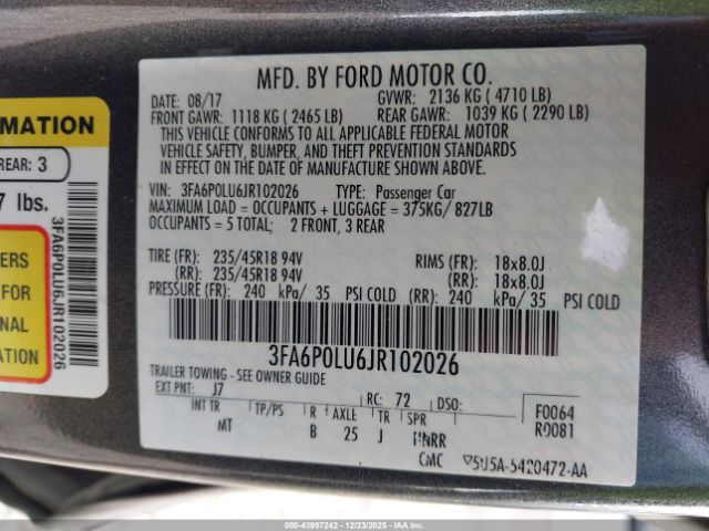 2018 FORD FUSION HYBRID 3FA6P0LU6JR102026 Photo 8