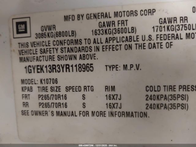 2000 CADILLAC ESCALADE 1GYEK13R3YR118965 Photo 8