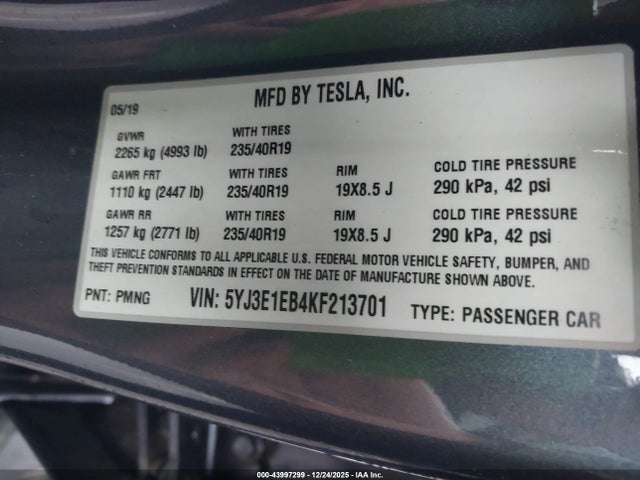 2019 TESLA MODEL 3 5YJ3E1EB4KF213701 Photo 8