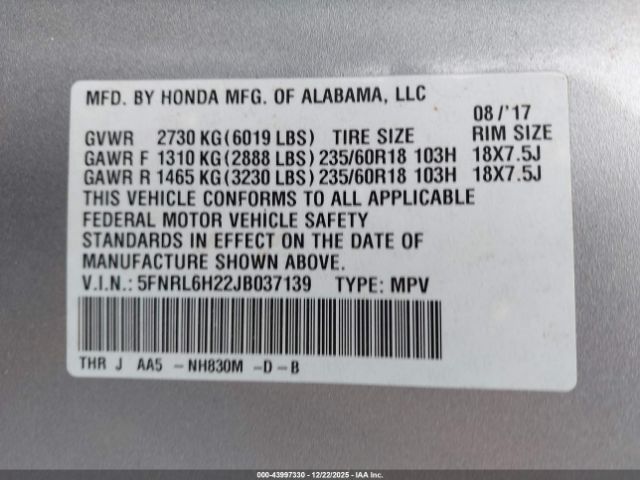 2018 HONDA ODYSSEY 5FNRL6H22JB037139 Photo 8