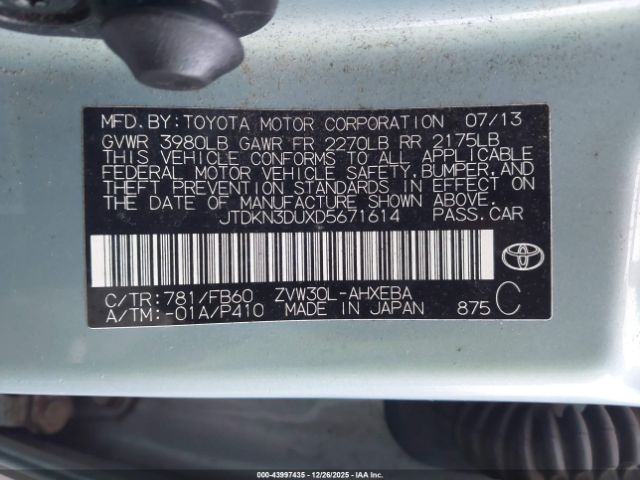 2013 TOYOTA PRIUS JTDKN3DUXD5671614 Photo 8