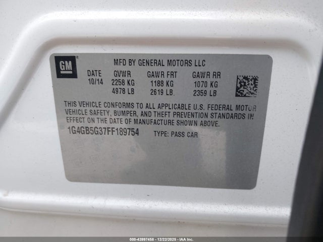 2015 Buick Lacrosse Leather მანქანა იყიდება აუქციონზე, vin: 1G4GB5G37FF189754, აუქციონის ნომერი: 43997458