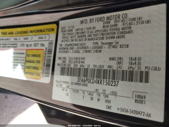 3FA6P0CD4KR150237 Ford FUSION SEL
