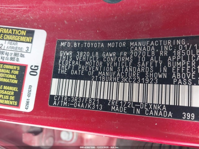 2019 TOYOTA COROLLA 2T1BURHE3KC231923 Photo 8