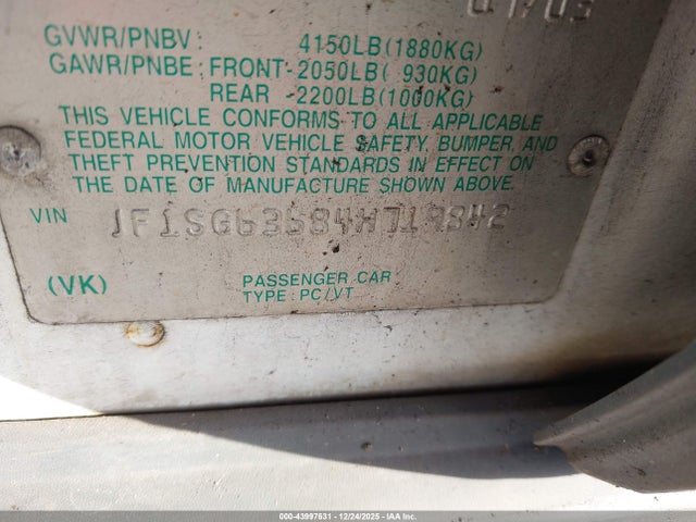 43997631 :رقم المزاد ، JF1SG63684H719842 vin ، 2004 Subaru Forester 2.5x مزاد بيع