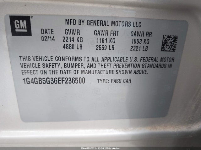 Aukcja sprzedaży 2014 Buick Lacrosse Leather Group, vin: 1G4GB5G36EF236500, numer aukcji: 43997822