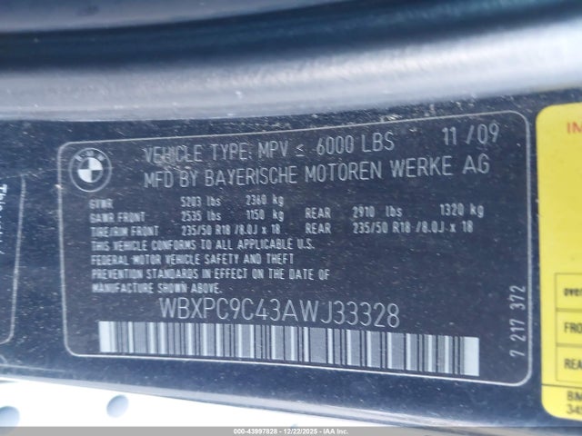 43997828 :رقم المزاد ، WBXPC9C43AWJ33328 vin ، 2010 Bmw X3 Xdrive30i مزاد بيع