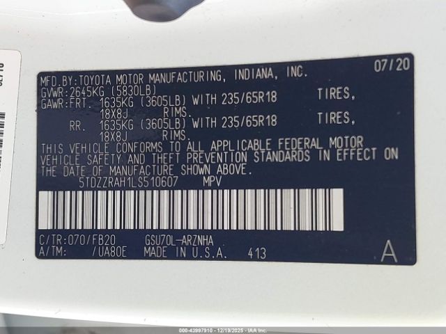 2020 TOYOTA HIGHLANDER 5TDZZRAH1LS510607 Photo 8