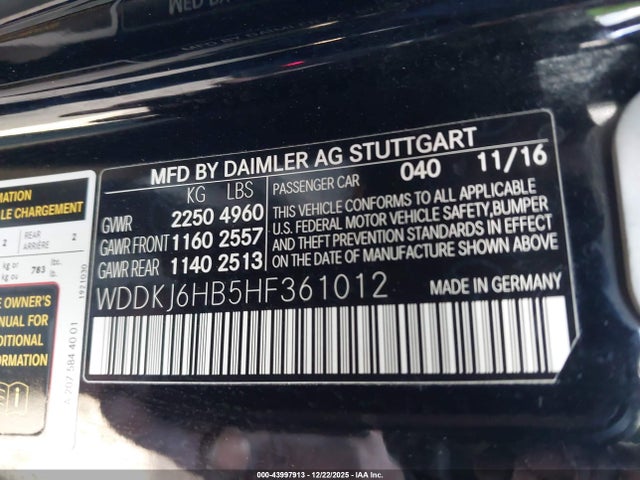 Aukcja sprzedaży 2017 Mercedes-benz E 400 4matic, vin: WDDKJ6HB5HF361012, numer aukcji: 43997913