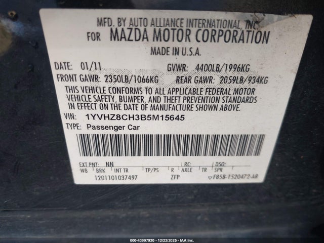 43997920 :رقم المزاد ، 1YVHZ8CH3B5M15645 vin ، 2011 Mazda Mazda6 I Touring مزاد بيع