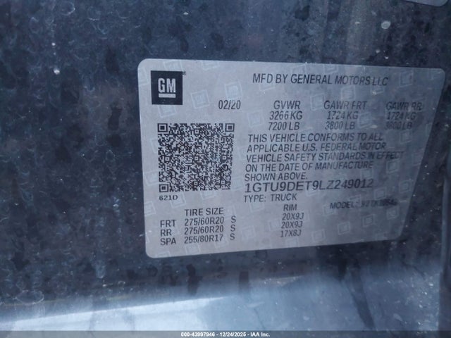 Продаж на аукціоні авто 2020 Gmc Sierra 1500 4wd  Short Box Slt, vin: 1GTU9DET9LZ249012, номер лоту: 43997946