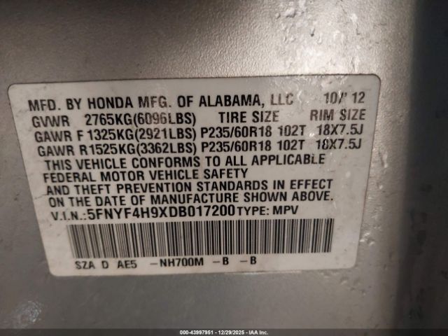 2013 HONDA PILOT 5FNYF4H9XDB017200 Photo 8