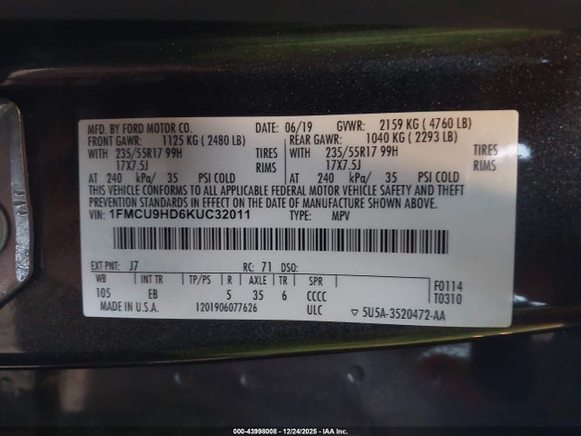 Ford ESCAPE SEL 2019 1FMCU9HD6KUC32011 Image 9