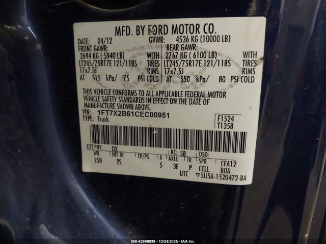 Продаж на аукціоні авто 2012 Ford F-250 Xlt, vin: 1FT7X2B61CEC00951, номер лоту: 43998039